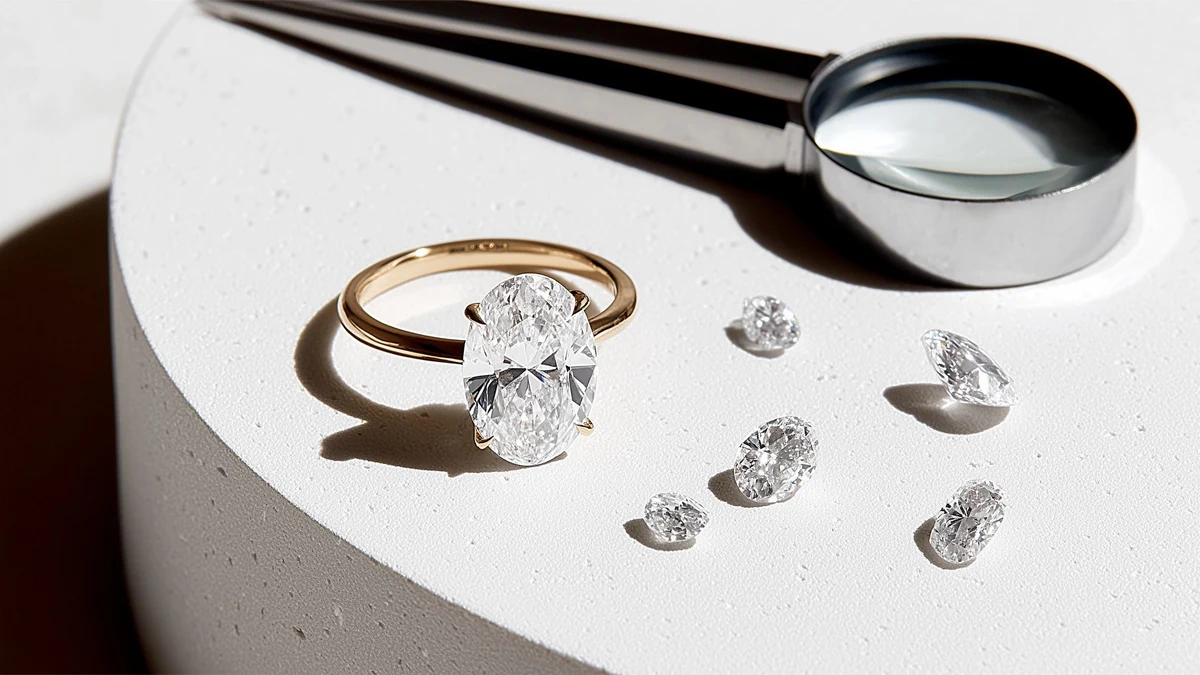 SEO-Optimized Alt Text: Gold solitaire ring and loose cut stones for luxury diamond jewelry.