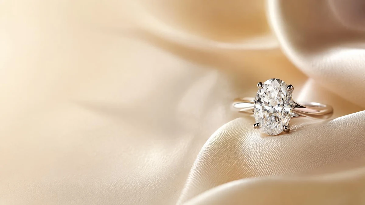 Oval diamond engagement ring set in platinum on champagne silk.