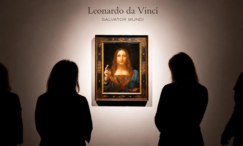 Visitors standing before Leonardo da Vinci's Salvator Mundi on a gallery wall