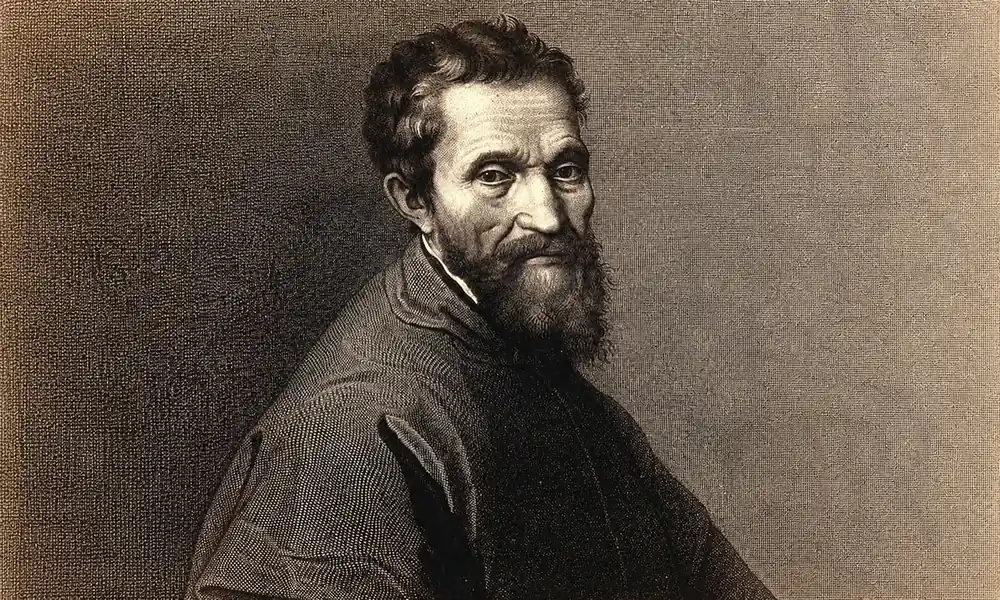 Engraved portrait of High Renaissance painter Michelangelo (1475–1564) with short curly hair and a beard