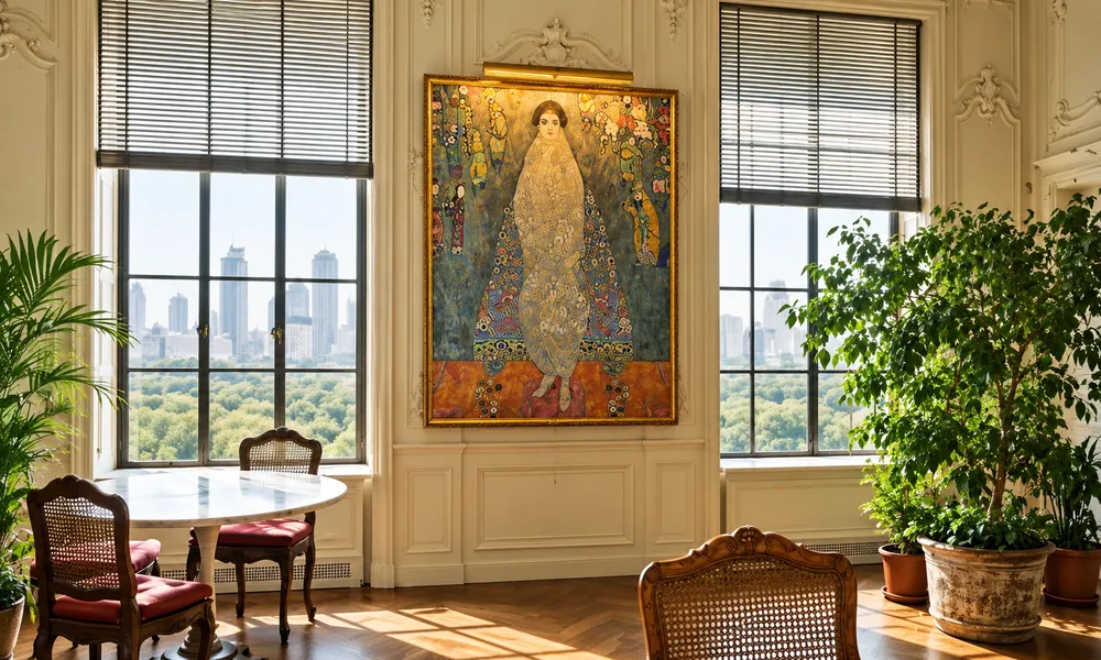 Gustav Klimt's Portrait of Elisabeth Lederer hanging in a sunlit room with a city view