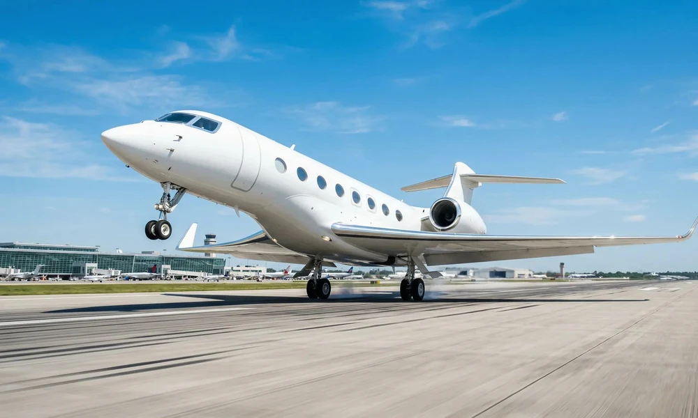White business jet taking off dynamically from an airport runway under a blue sky