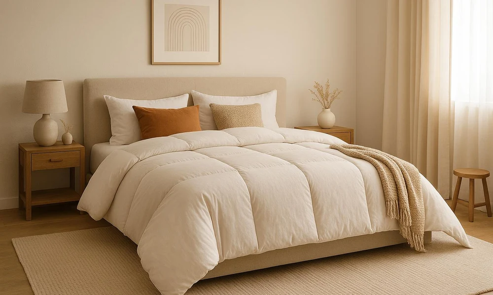 Cream luxury bedroom comforter on a bed with neutral decor.