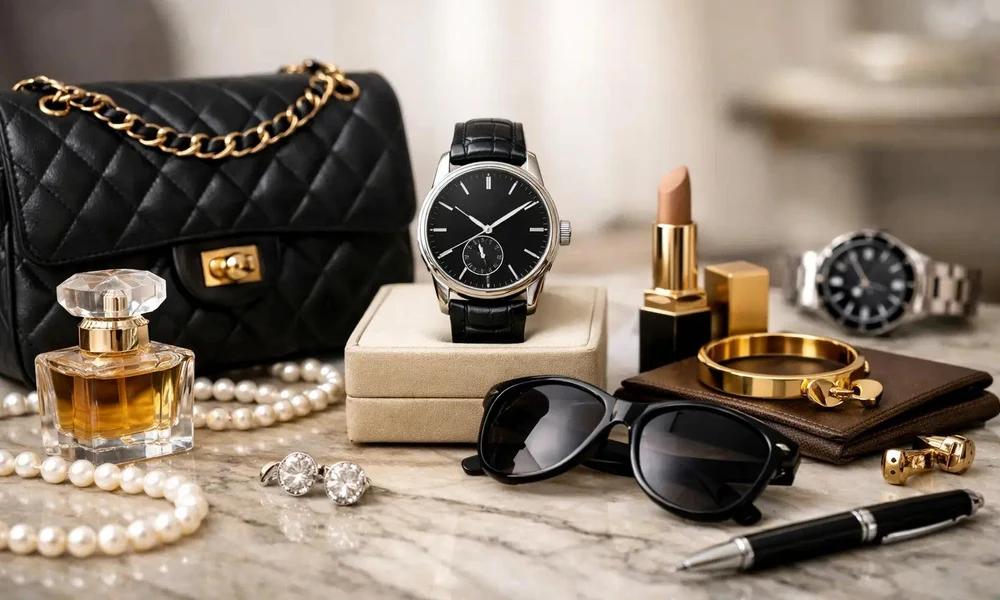 High-end luxury accessories including a quilted handbag, luxury watch, perfume, and gold bracelet.