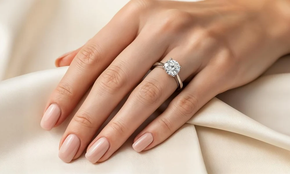 Round solitaire diamond engagement ring on a woman's hand.