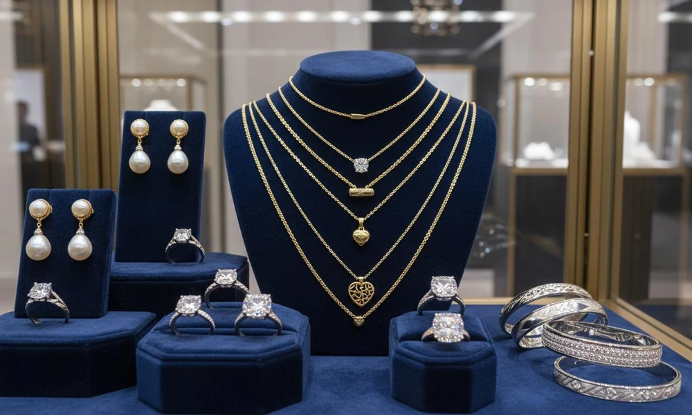 High-end jewelry pieces displayed in a boutique showcase, featuring gold necklaces, pearls, and diamond rings.