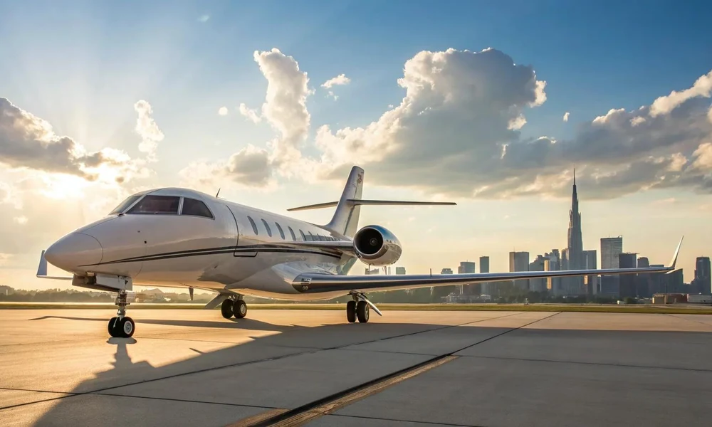 Executive business jet parked on a sunny airfield tarmac with city skyscrapers in the background