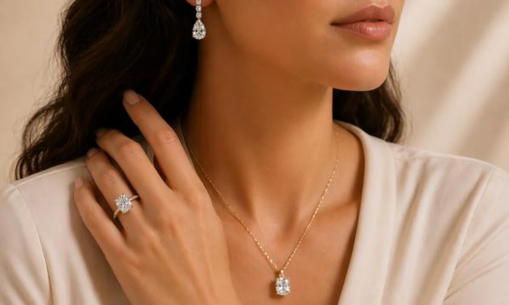 Woman wearing pear-drop diamond earrings, pendant necklace, and halo ring.