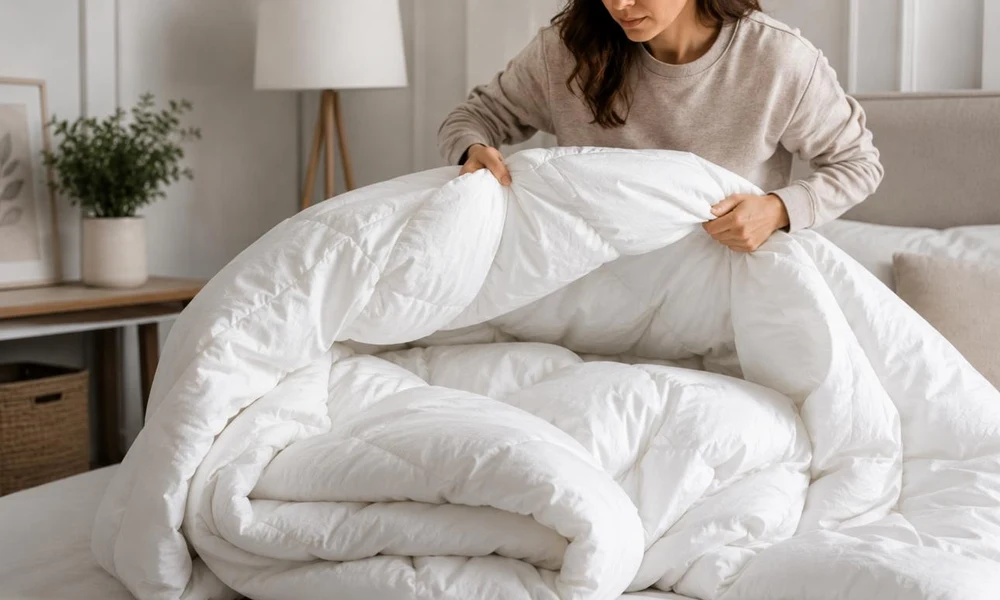 Woman holding a fluffy white down comforter with soft filling.