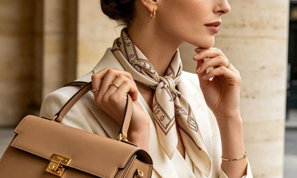 Woman wearing a designer silk scarf and carrying a leather handbag.