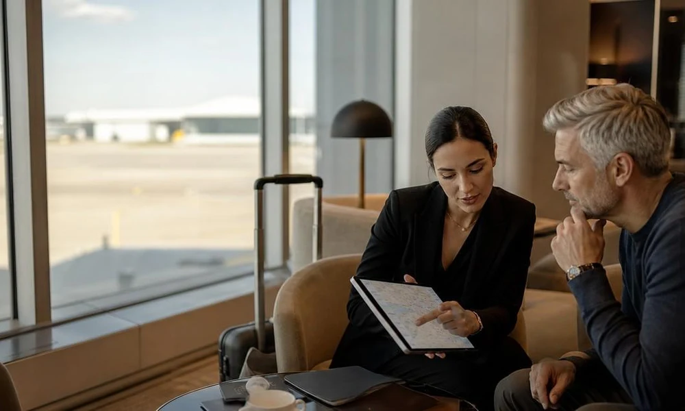 Two travelers reviewing a flight route map on a tablet in a modern airport lounge overlooking the airfield