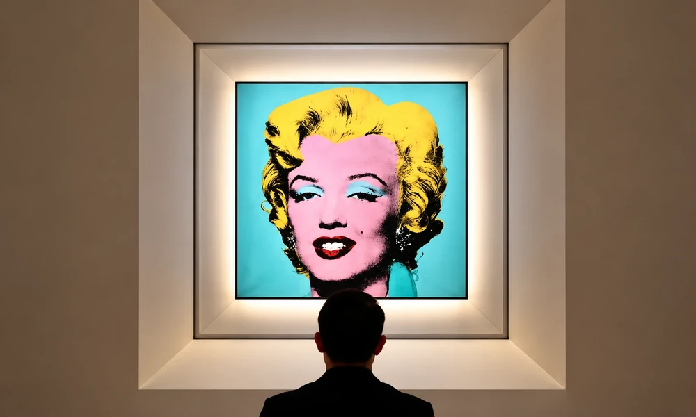 A viewer facing Andy Warhol's Shot Sage Blue Marilyn, a pink-faced portrait on a turquoise background