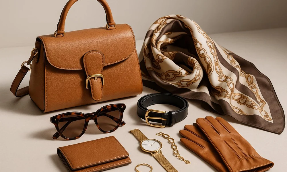 Arrangement of leather handbag, sunglasses, belt, gloves, and watch.