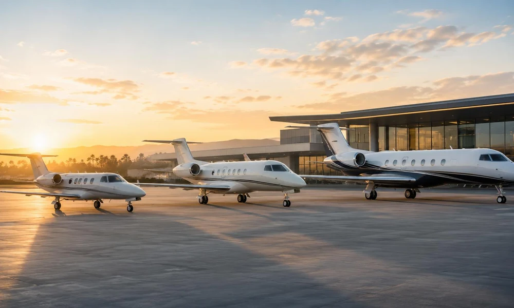 Lineup of light, midsize, and large private aircraft parked outside a modern terminal