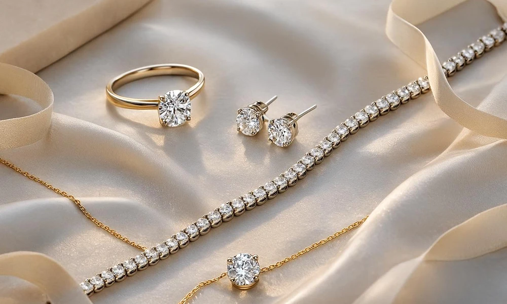 Gold diamond ring, tennis bracelet, and diamond studs on satin fabric.