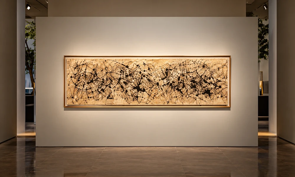 Jackson Pollock's Number 7A, 1948, a wide drip painting displayed on a white gallery wall