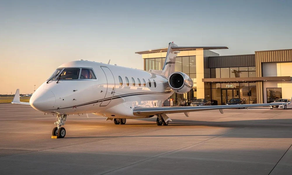 Sleek white private aircraft parked outside a modern FBO terminal during golden hour