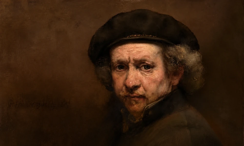 Portrait of Dutch Golden Age painter Rembrandt van Rijn (1606–1669) in a dark beret against a warm brown background-15 Greatest Painters