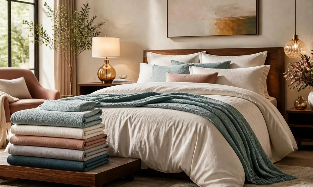 Styled luxury bedroom featuring a light comforter and layered bedding.