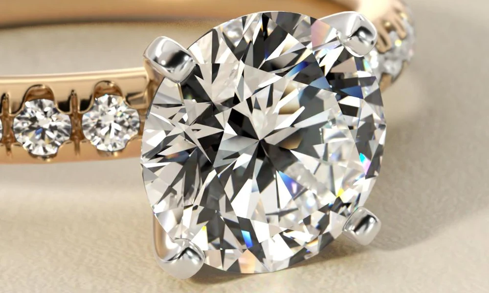 Extreme close-up of a brilliant round-cut diamond engagement ring.