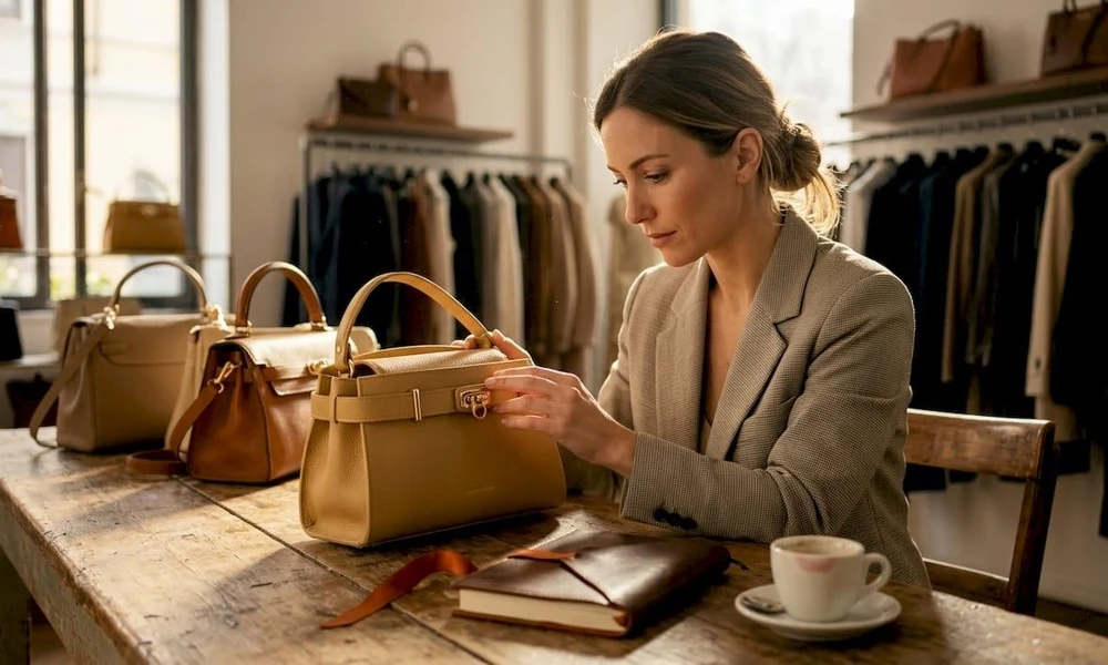 Woman examining a leather handbag inside a luxury accessories boutique.