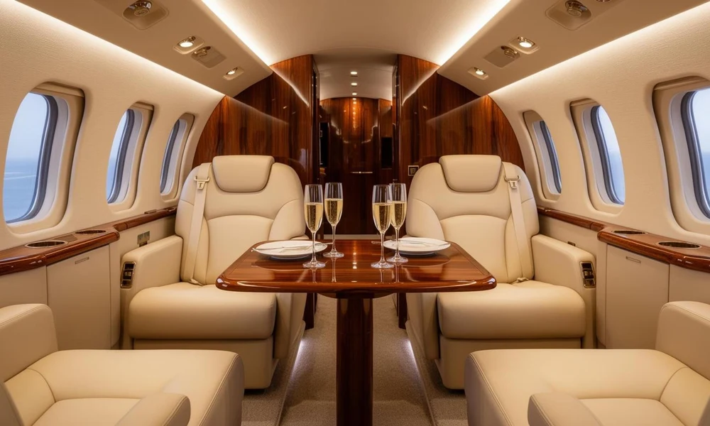 Refined aircraft interior featuring cream leather seats and champagne glasses on a wooden table-Luxury Personal Jet