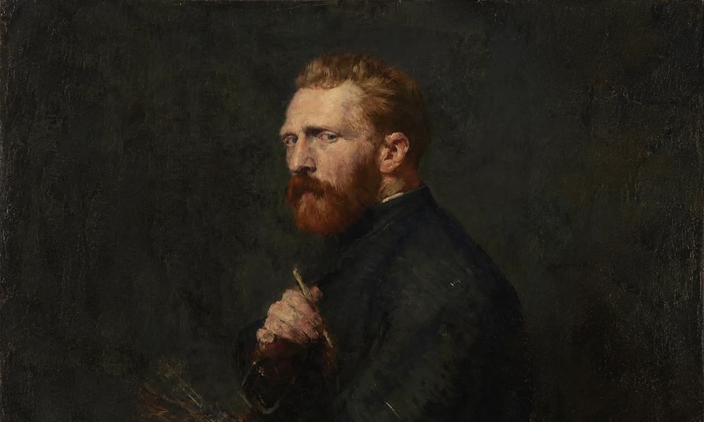 Portrait of 19th-century painter Vincent van Gogh (1853–1890) with red hair and beard, holding a brush