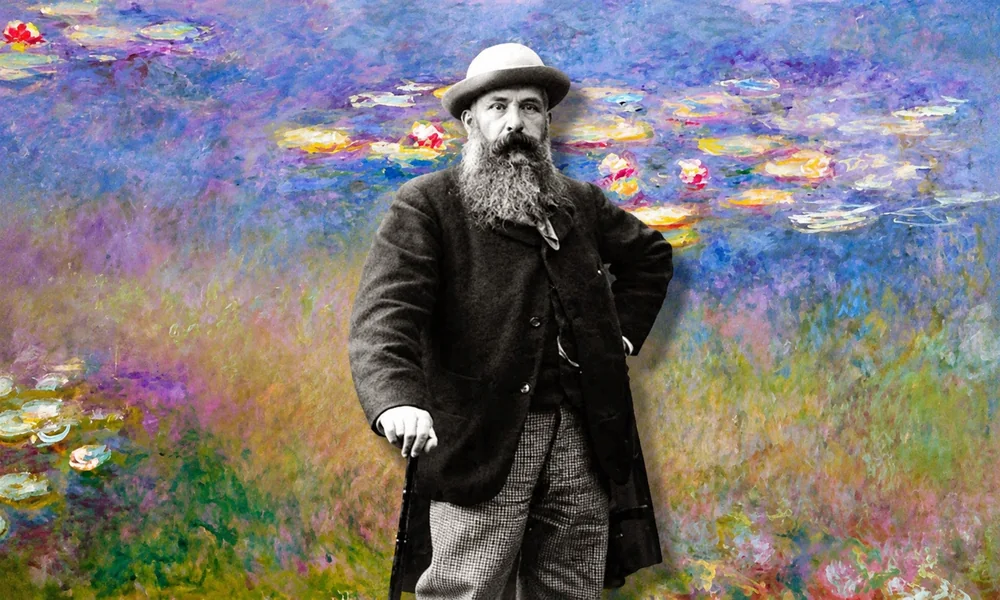 Impressionist painter Claude Monet (1840–1926) standing with a cane in front of his colorful water lilies painting-15 Greatest Painters