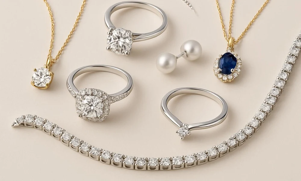 Sapphire pendant necklace, diamond rings, pearl earrings, and tennis bracelet.