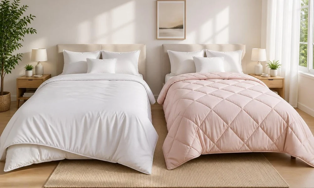 Side by side beds with white and blush luxury comforters.