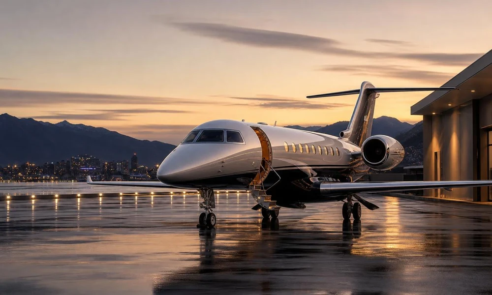 Long-range business aircraft parked outside a glass building against a twilight mountain backdrop