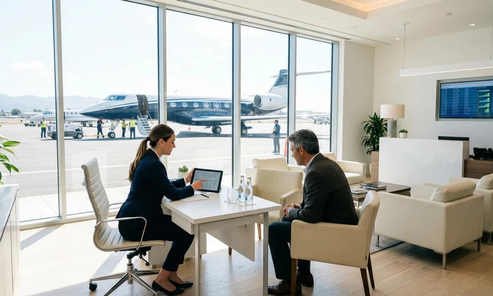 A flight advisor and client discussing a travel charter quote at a desk in a luxury terminal lounge