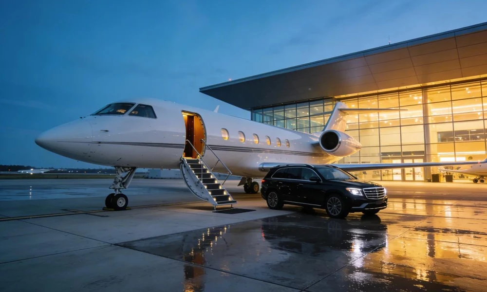 Chauffeured black SUV parked next to an illuminated aircraft airstair on an airfield at dusk-Luxury Personal Jet