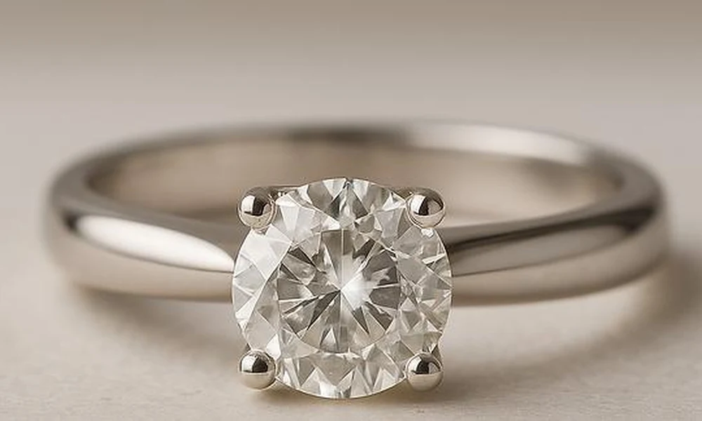 Close-up of a brilliant round-cut diamond solitaire ring.