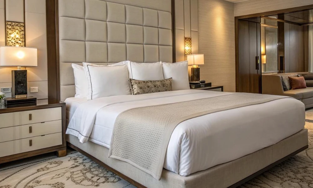 Five-star hotel bed styled with crisp white comforter and pillows