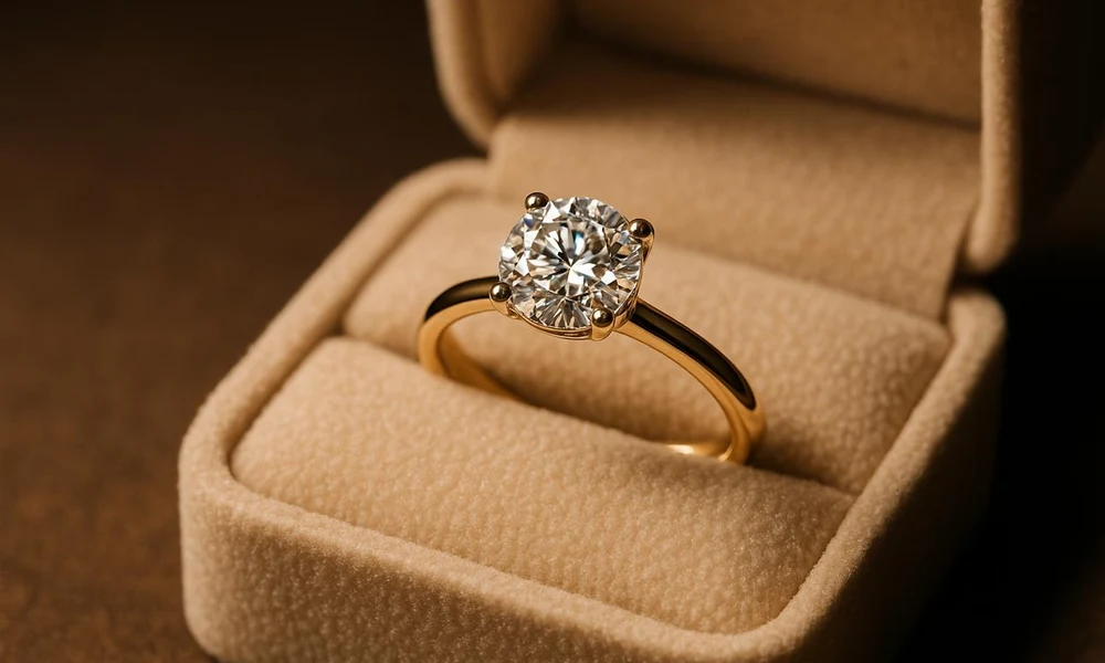 Solitaire diamond engagement ring in yellow gold presented in a beige ring box.