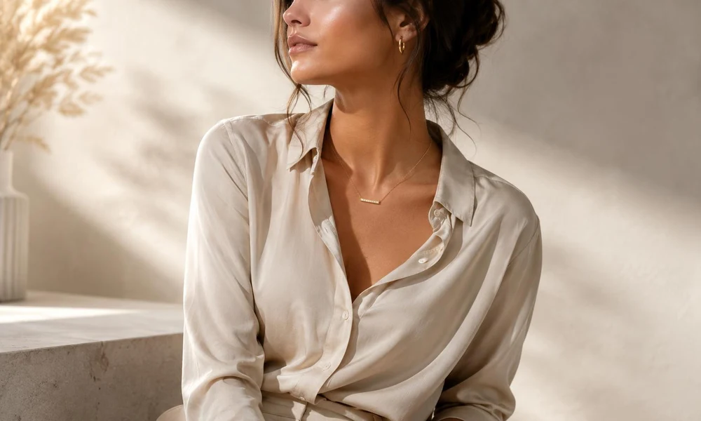 Woman wearing a minimalist gold bar necklace and hoop earrings