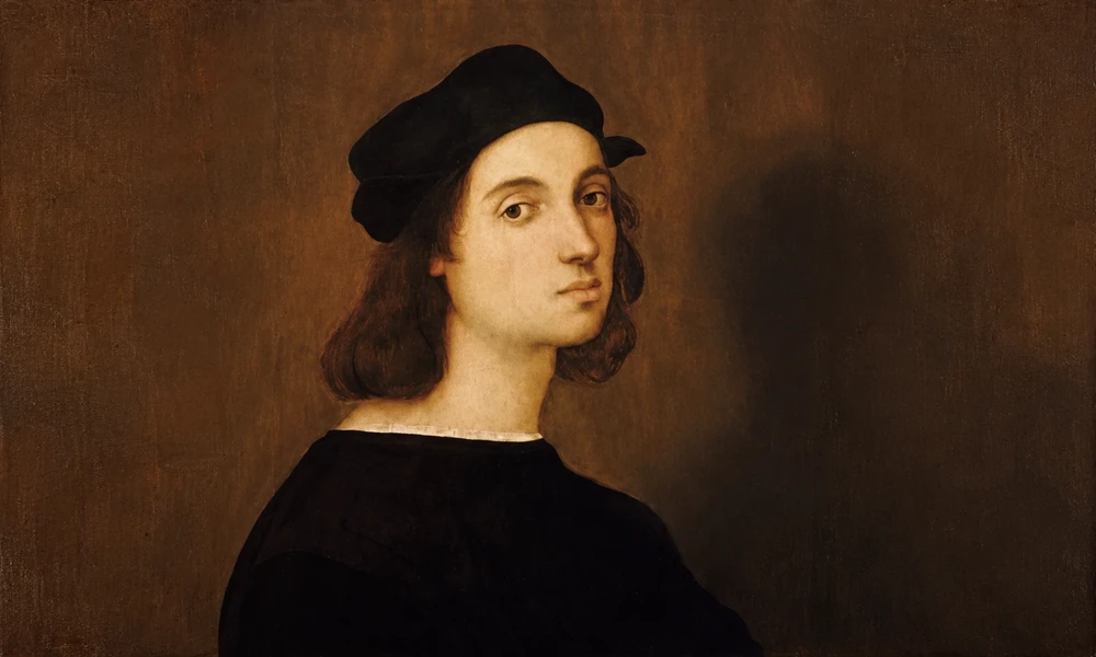 Portrait of High Renaissance painter Raphael (1483–1520) in a black cap and dark clothing against a brown background-15 Greatest Painters
