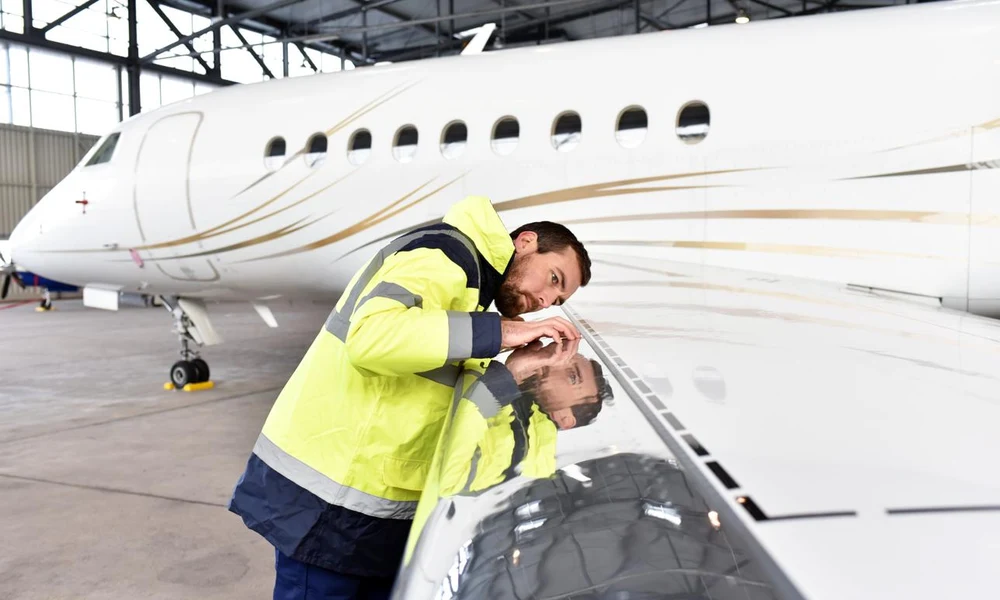 Technician wearing a high-visibility jacket performing a thorough pre-flight safety inspection on an aircraft wing