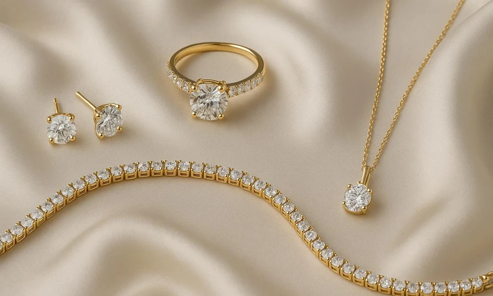 Yellow gold luxury diamond jewelry set on silk fabric.