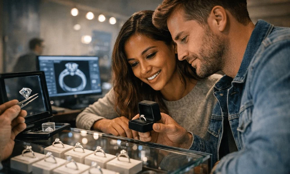 Happy couple choosing an engagement ring at a luxury jewelry boutique.