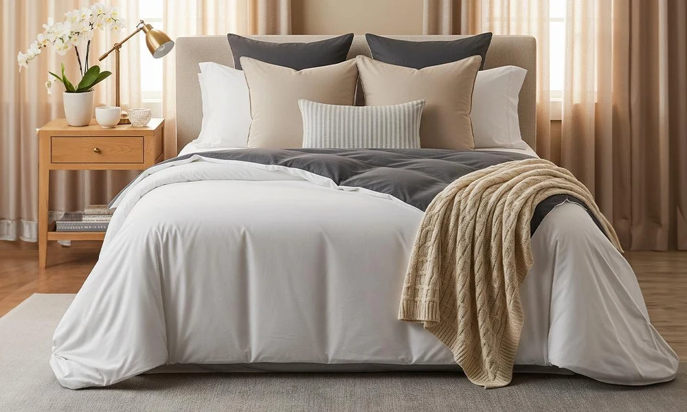 Layered bed with a white comforter and knit throw blanket.