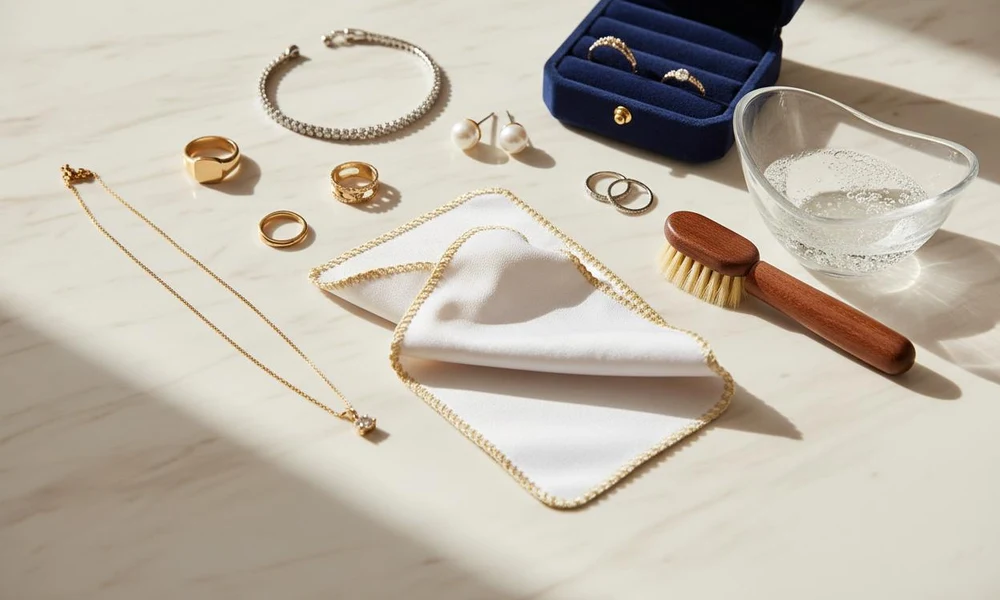 Jewelry cleaning cloth, brush, and solution with rings and necklaces.