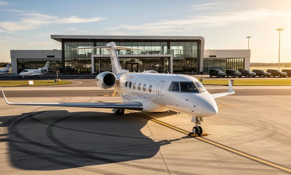 White executive jet parked in front of a modern FBO terminal building with chauffeured SUVs waiting nearby