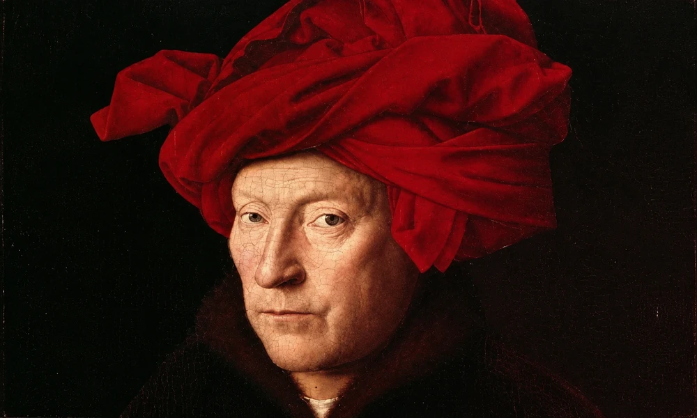 Portrait of a man in a red turban against a black background, by early Northern Renaissance painter Jan van Eyck (c. 1390–1441)
