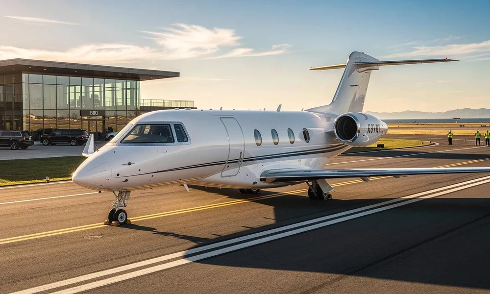 Sleek white executive aircraft taxiing past an airfield terminal with ground crew members nearby