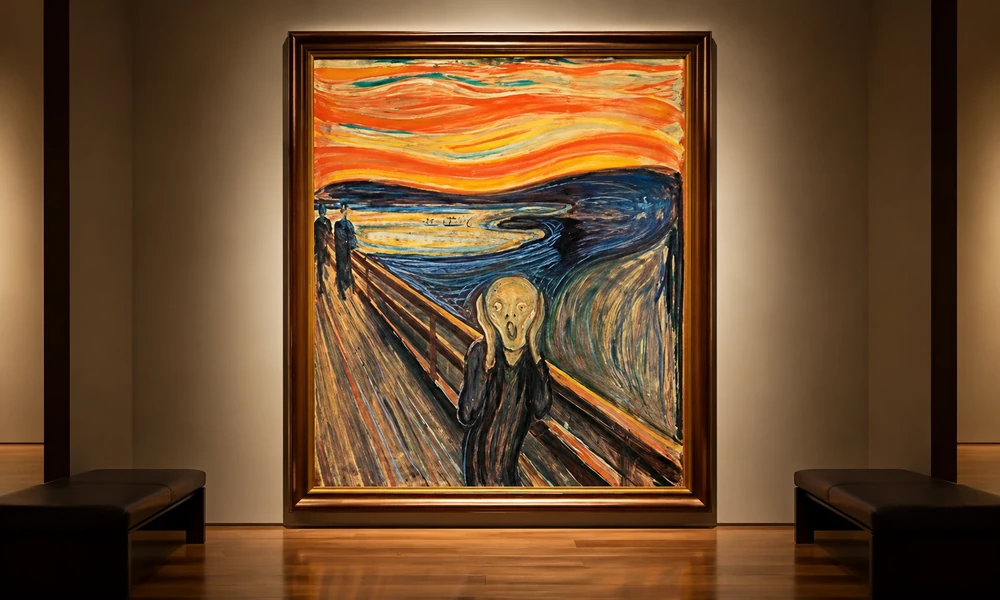 Edvard Munch's The Scream in a gold frame, showing a figure under an orange sky