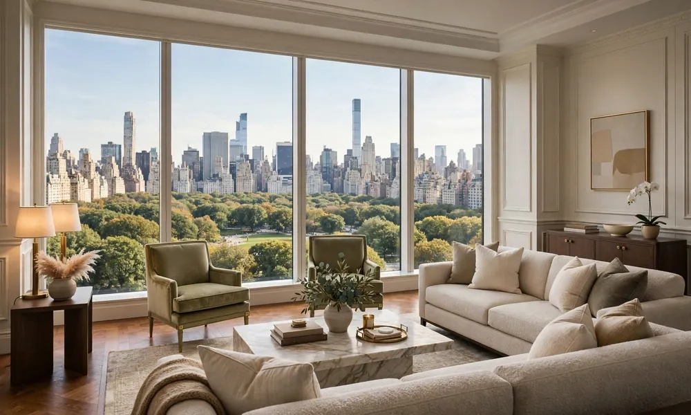 Luxury suite interior with large windows overlooking Central Park and Manhattan skyline