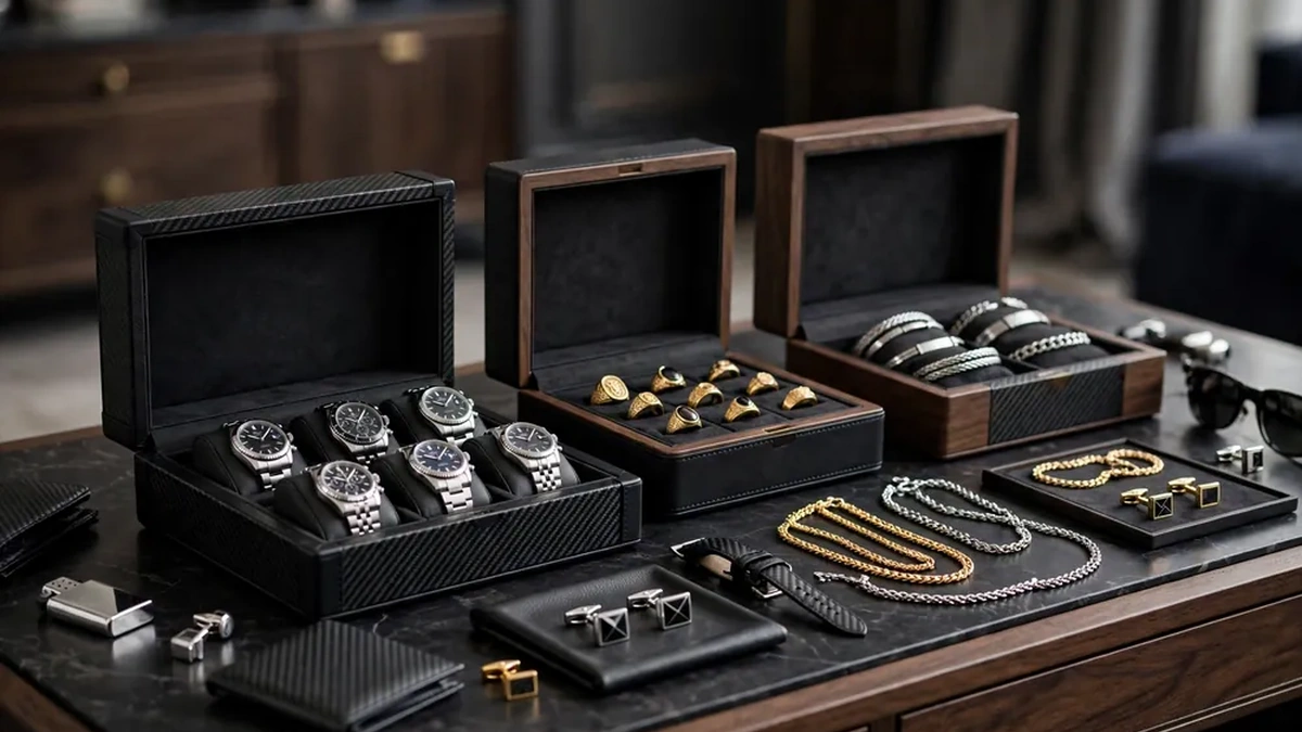 Luxury men's jewelry box with organized watches rings bracelets and cufflinks