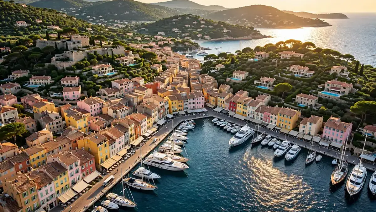 Aerial view of Saint-Tropez luxury townhomes and villas on French Riviera with harbor and Mediterranean sea